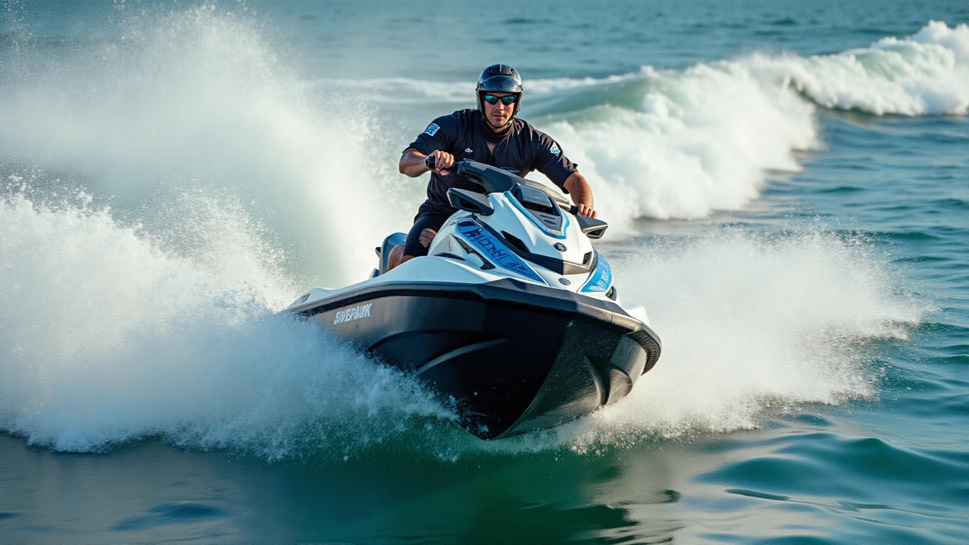 Piloto conduzindo jet ski em alta velocidade no mar, curso motonauta